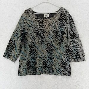 Clint Honolulu Shirt Womens 2X Blue Black Animal Print 3/4 Sleeve Top Boho